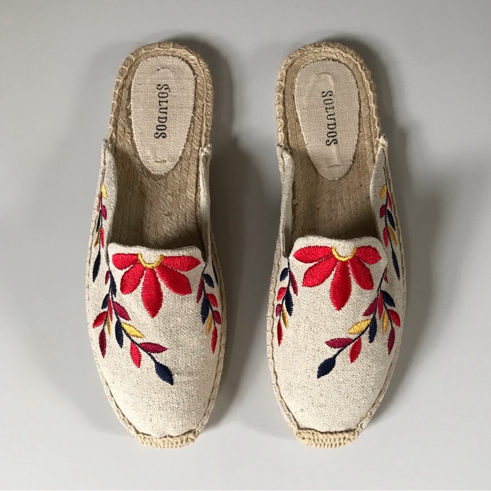 Soludos • 8 • Flat Espadrilles Slides Embroidered Floral Leaf Print